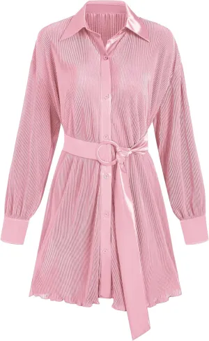 ZAFUL Women's Long Sleeve V Neck Button Down Pleated Satin Club Party Mini Dress with Belt Pink